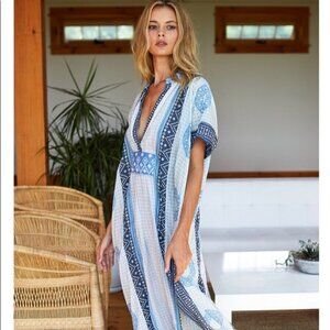 Emerson Fry India Collection Cerulean Blue Long Caftan One Size, Organic Cotton